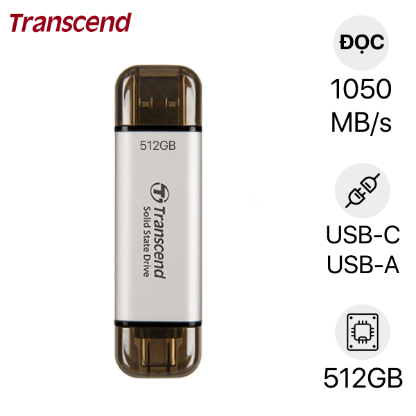 Ổ cứng gắn ngoài SSD 512GB TRANSEND ESD310S, USB 10Gbps, Type C/A, Silver